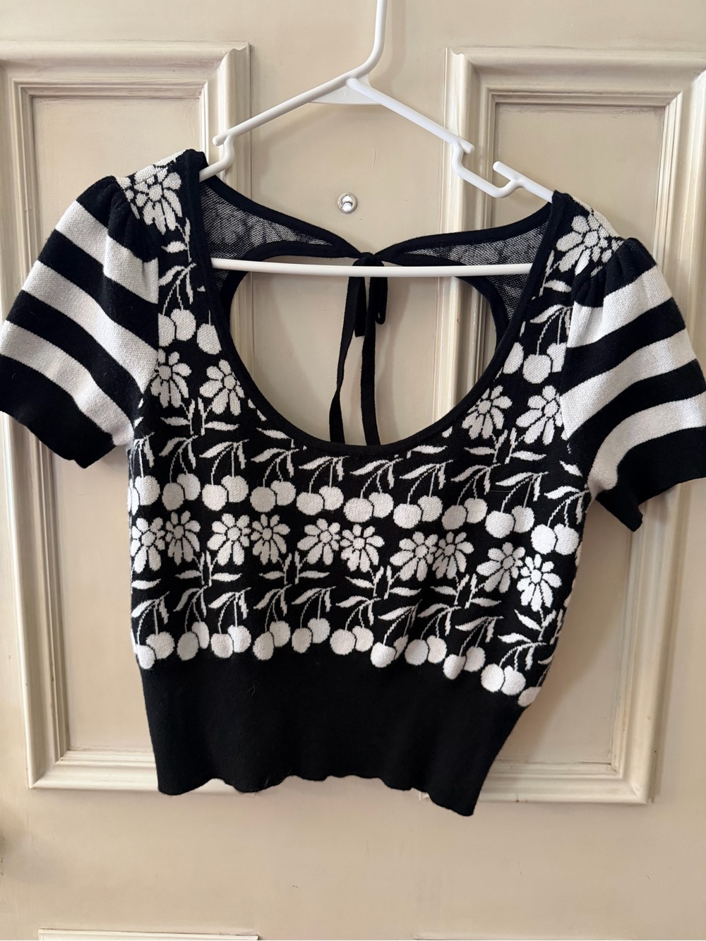 Anthropologie Black and White Floral & Cherry Knit Crop Top